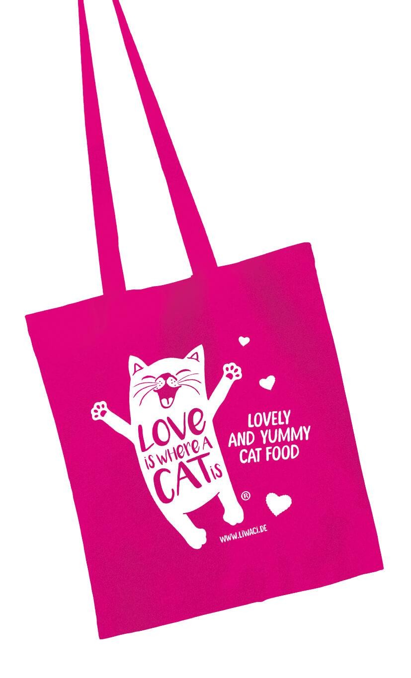 Baumwolltasche pink Druck "Love is where a cat is®" weiß